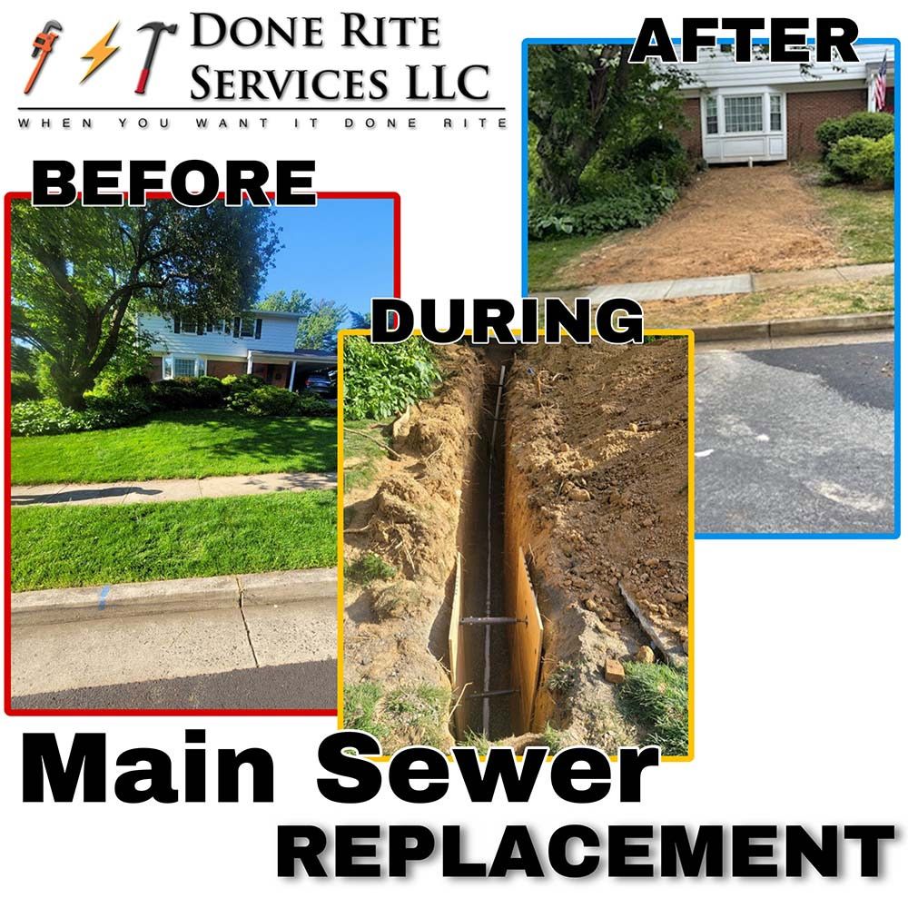 A before and after photo of a main sewer replacement