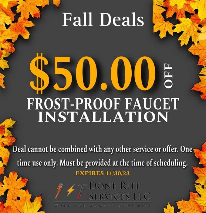 An advertisement for a $ 50.00 off frost-proof faucet installation