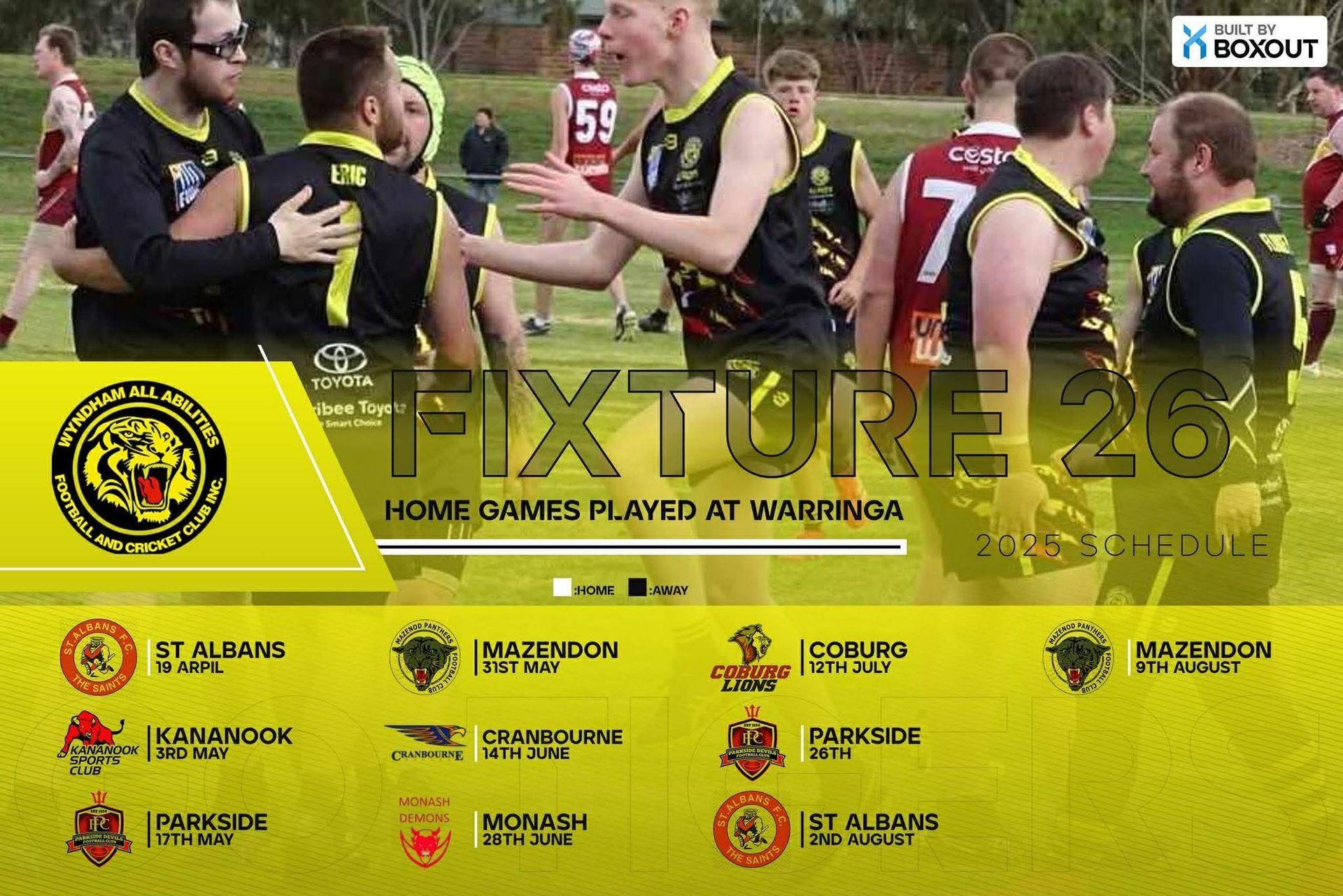 A group of Australian rules football players celebrate on the field, overlaid with a 2026 game fixture schedule.
