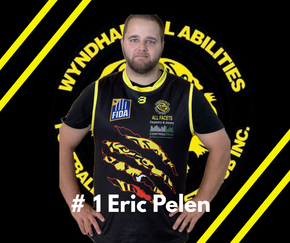 Eric Pelen, player #1 for Wyndham All Abilities, wearing a black and yellow sports jersey against a matching logo backdrop.