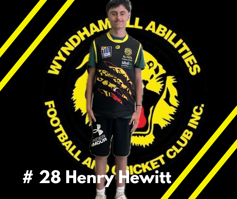 Henry Hewitt, player #28, wearing a Wyndham All Abilities team uniform against a tiger logo backdrop.