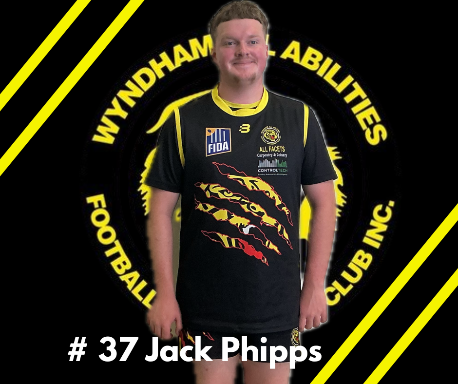 Jack Phipps, #37, in a black and yellow Wyndham All Abilities Football Club uniform against a branded circular background.