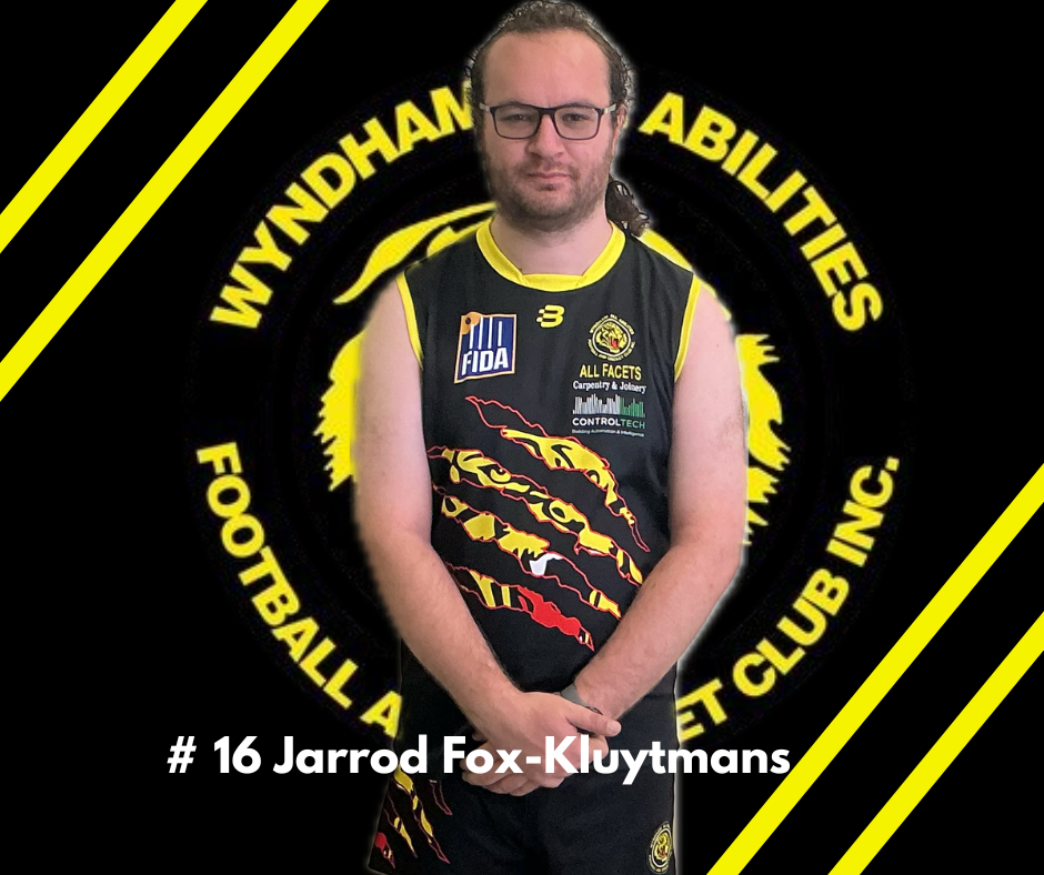 Jarrod Fox-Kluytmans, #16, wearing a black and gold Wyndham Abilities Football and Cricket Club jersey.