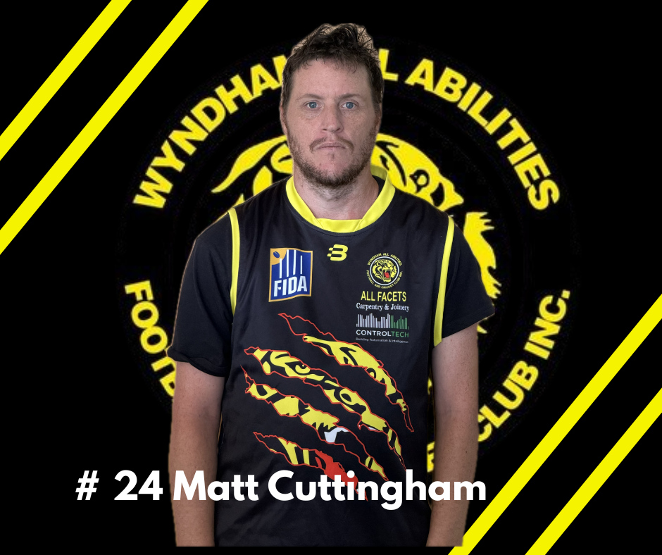 Matt Cuttingham, player #24 for the Wyndham All Abilities Football Club, poses in a black and yellow team jersey.