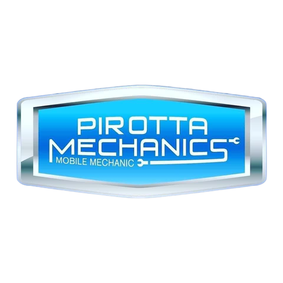 Logo for Pirotta Mechanics featuring white text on a blue, shield-shaped background with metallic silver borders.