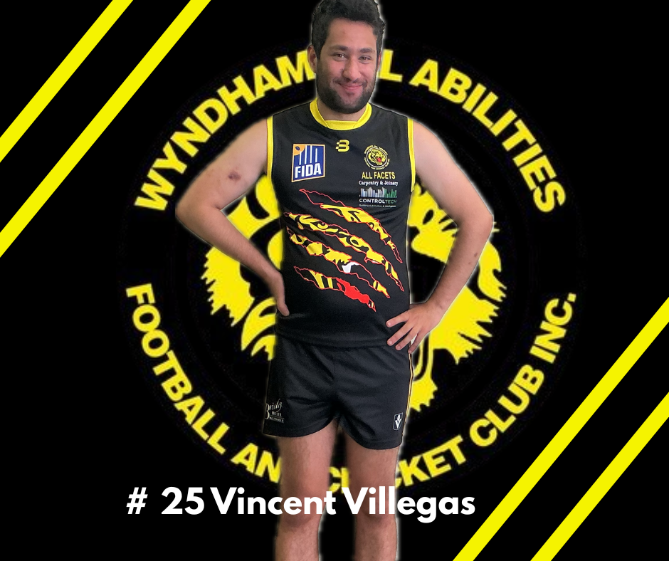 Vincent Villegas, #25, wearing a Wyndham All Abilities Football and Cricket Club uniform against a branded circular logo.