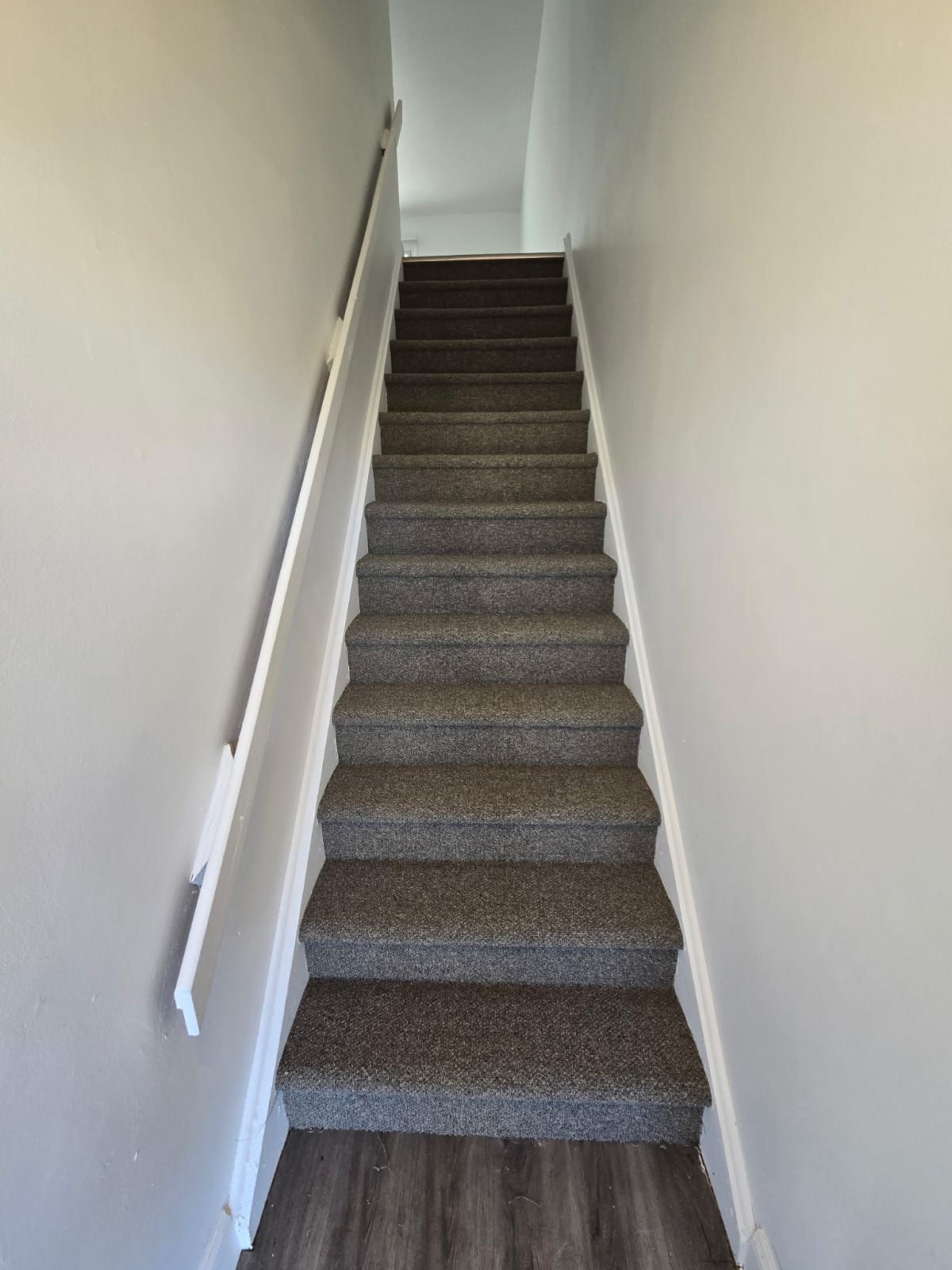 Carpeted staircase connecting apartment levels at Chateau Apartments Burlington, NJ