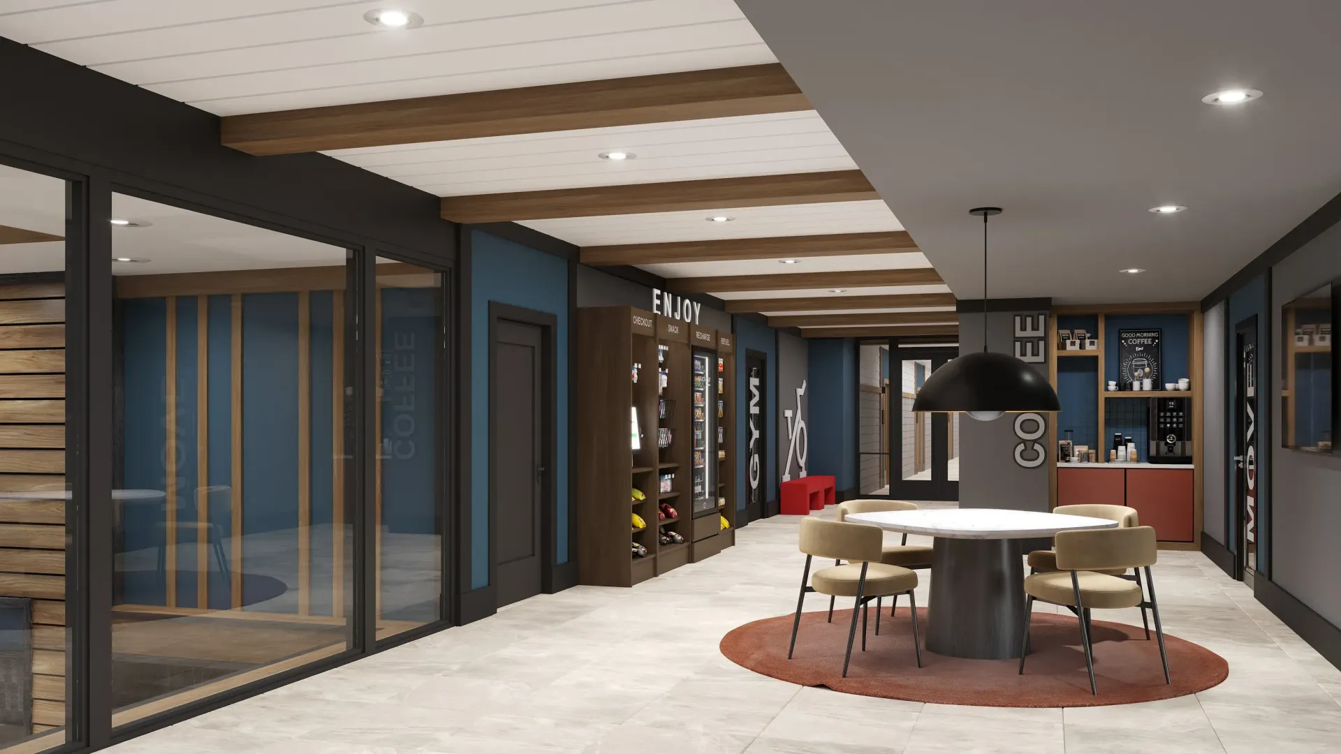 Indoor community lounge with a round table, beige chairs, and a snack area along dark wood shelves at The Astra Benders Landing, offers apartments for rent in Spring, TX, within Conroe ISD.