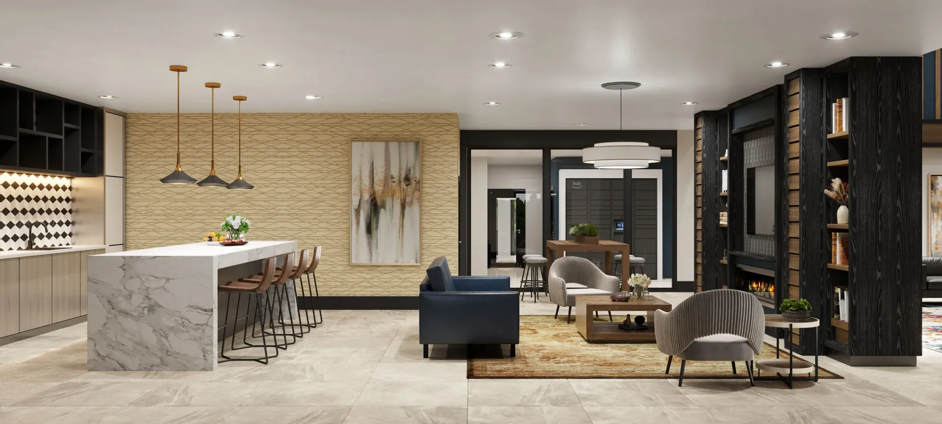 Modern interior community lounge with marble kitchen island and seating at The Astra Benders Landing, offers apartments in Spring, TX.