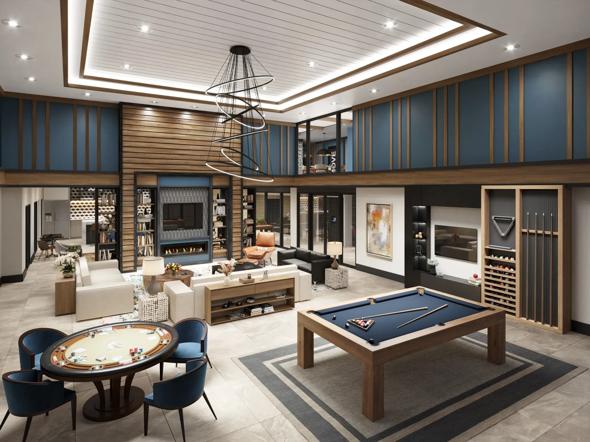 Spacious modern amenity lounge with a pool table, poker table, fireplace, and seating at The Astra Benders Landing, offers apartments near ExxonMobil Campus.