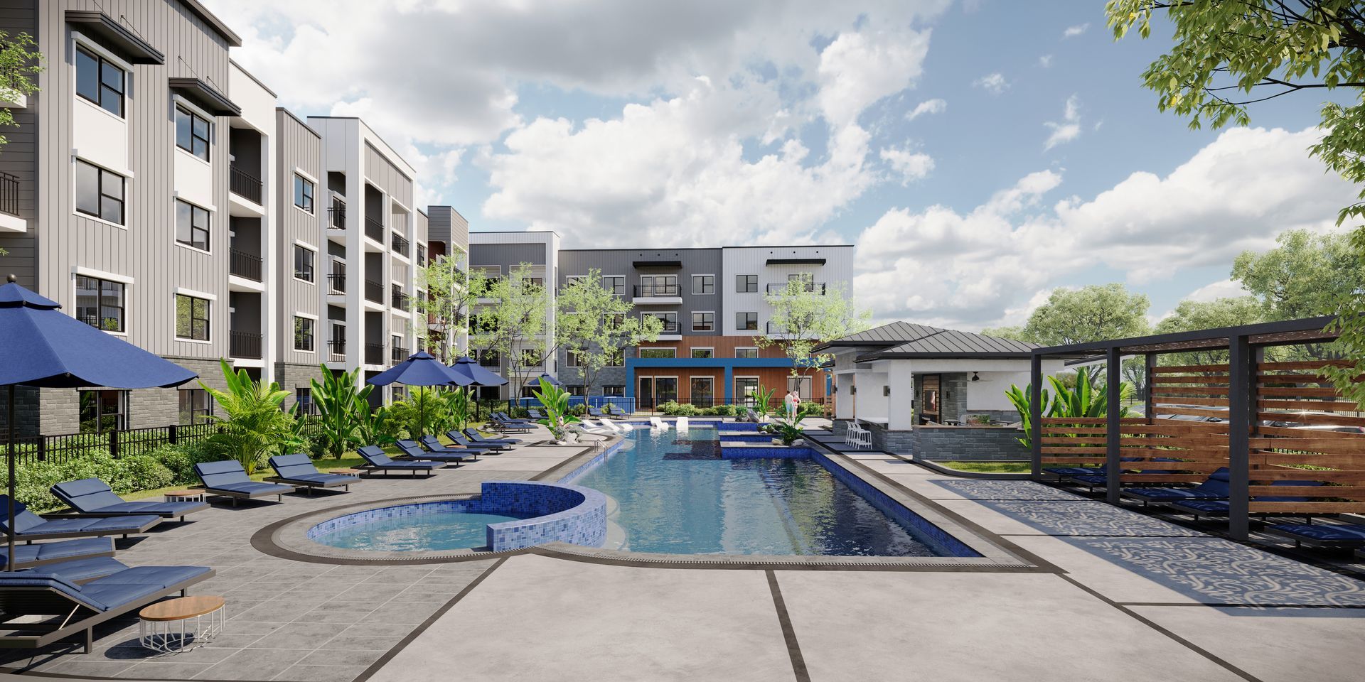 Outdoor community pool area with lounge chairs, umbrellas, and modern apartment buildings at The Astra Benders Landing, offers apartments for rent in Spring, TX.