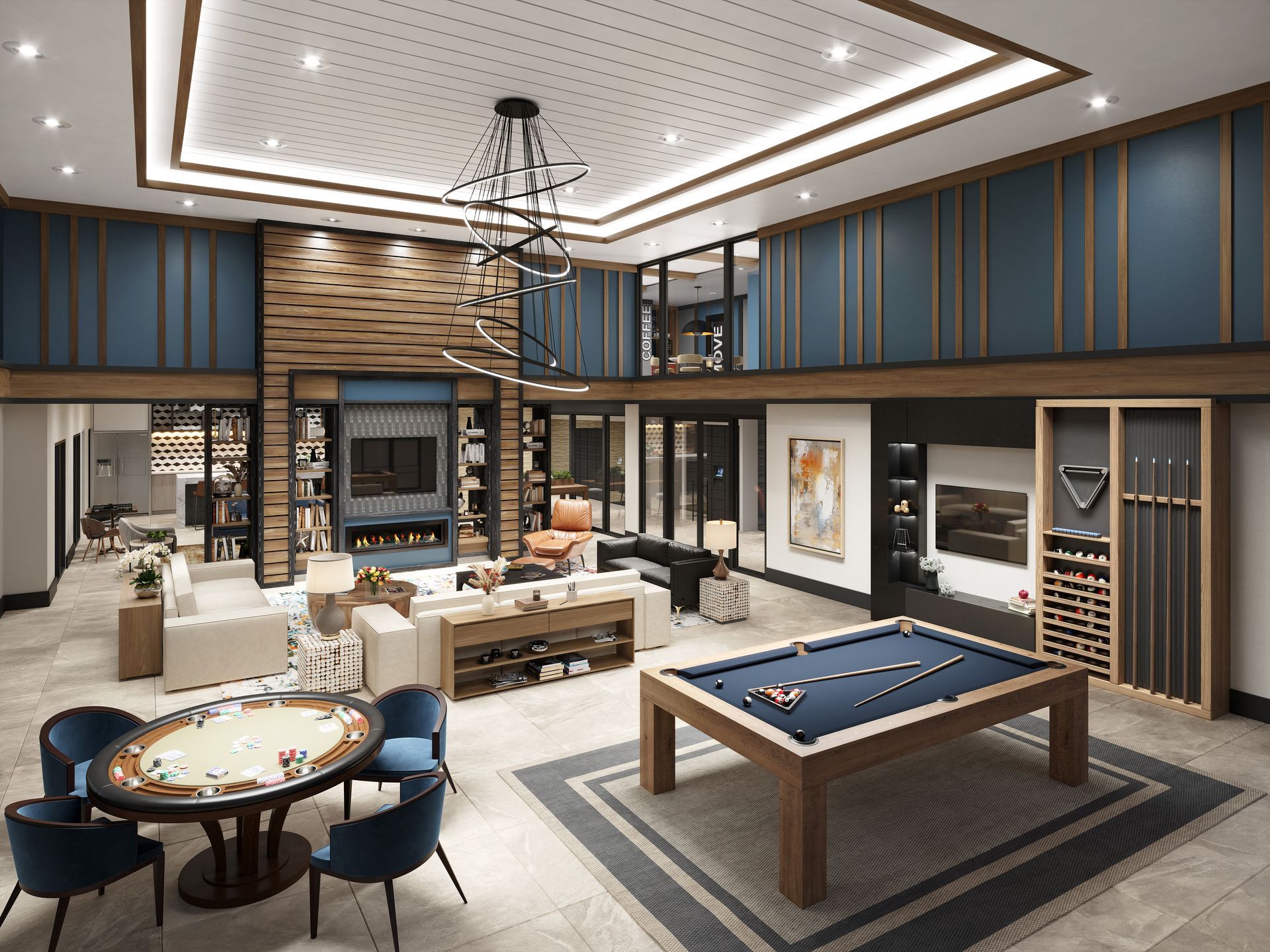 Luxurious game room with a pool table, poker table, fireplace, and seating.