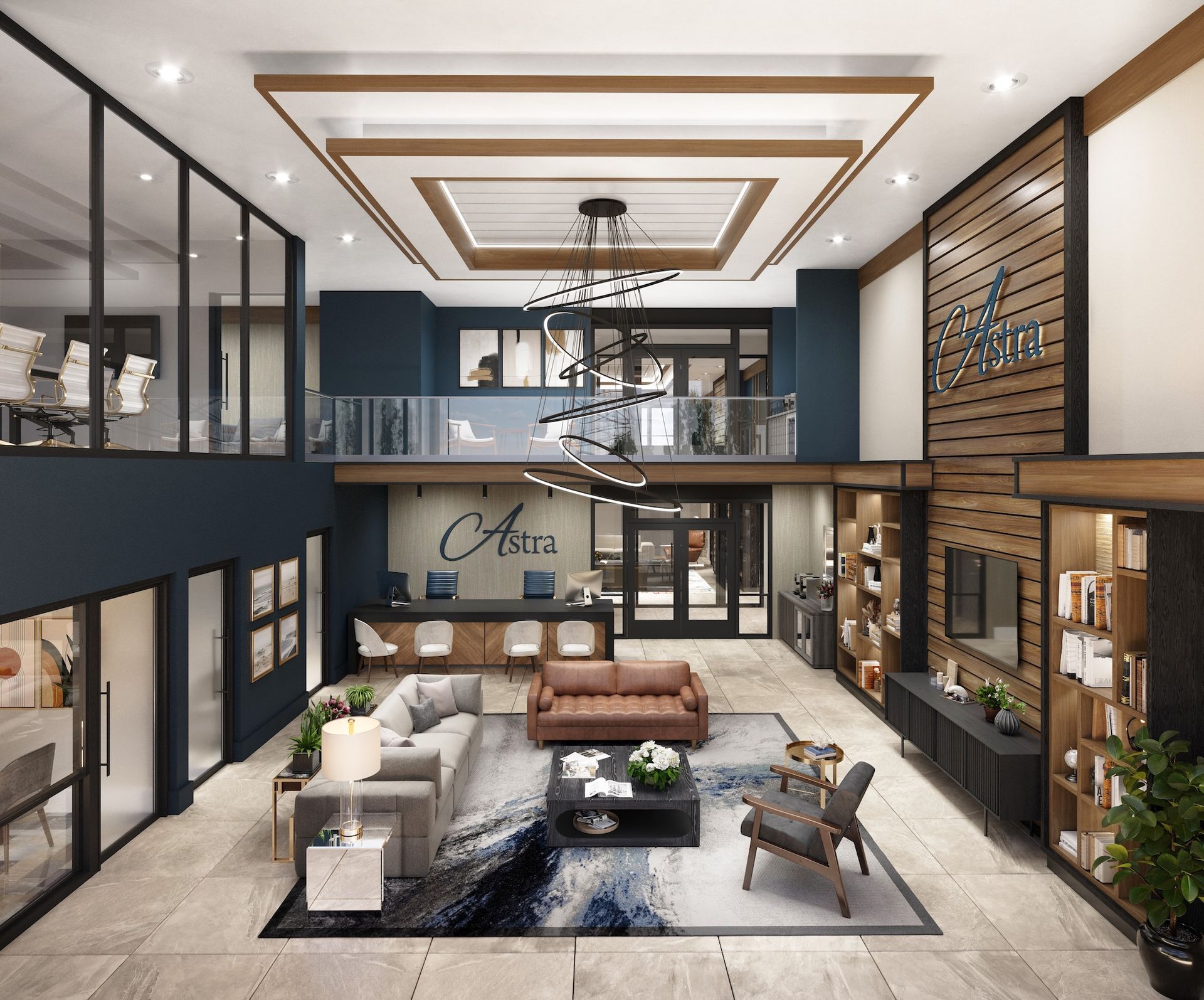 Luxurious lobby with couches, seating, and a reception desk. Wood and blue accents with an open mezzanine.