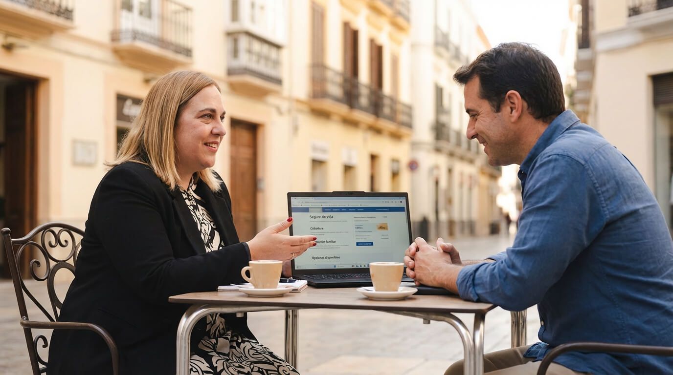 Dos personas están sentadas en una mesa de una cafetería al aire libre, con un ordenador portátil, conversando en la calle.