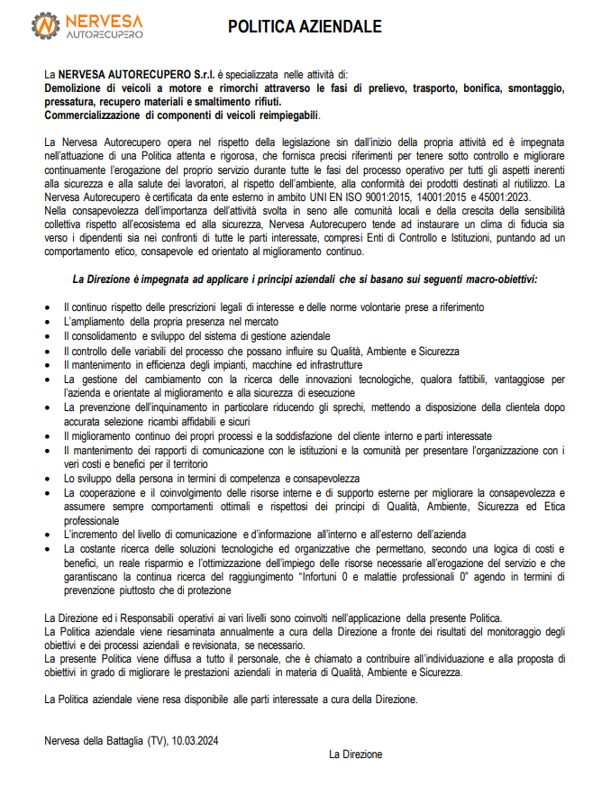 politica aziendale e certificazioni