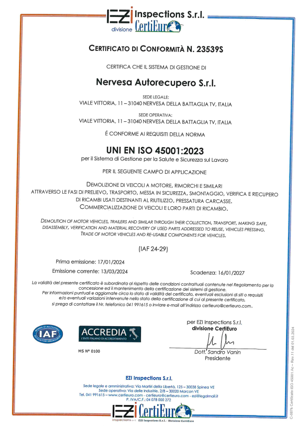 È un certificato che riporta la dicitura inspections srl.