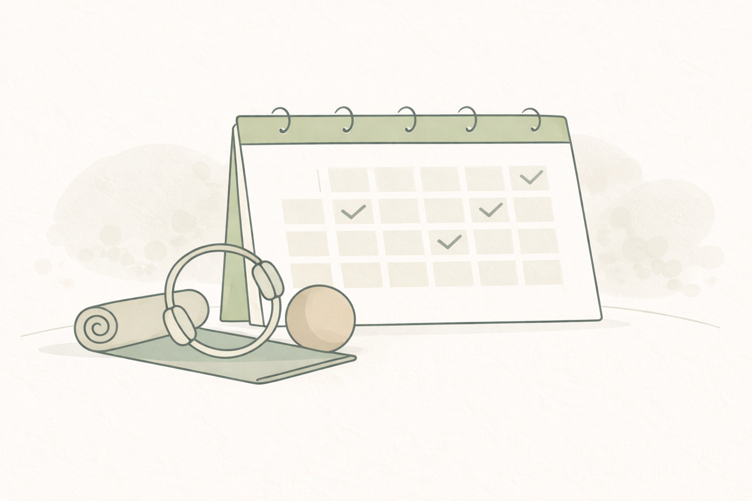 illustration of calendar, pilates mat, pilates magic circle and small ball.