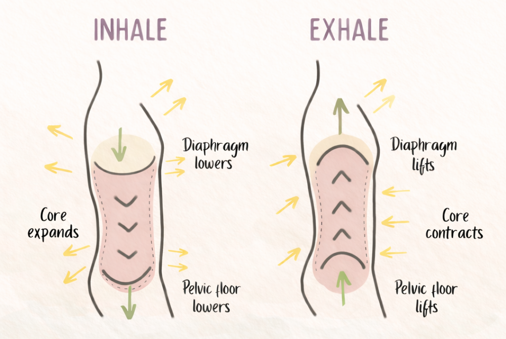 Diagram of breathing mechanics. Diaphragmatic Breathing inhale breakdown. Diaphragmatic Breathing exhale breakdown.