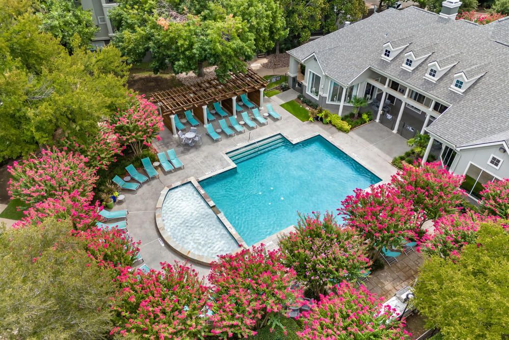 An aerial view of the apartment swimming pool surrounded by trees and flowers at Marquis at Stonegate offers apartments near TCU in Fort Worth, TX.