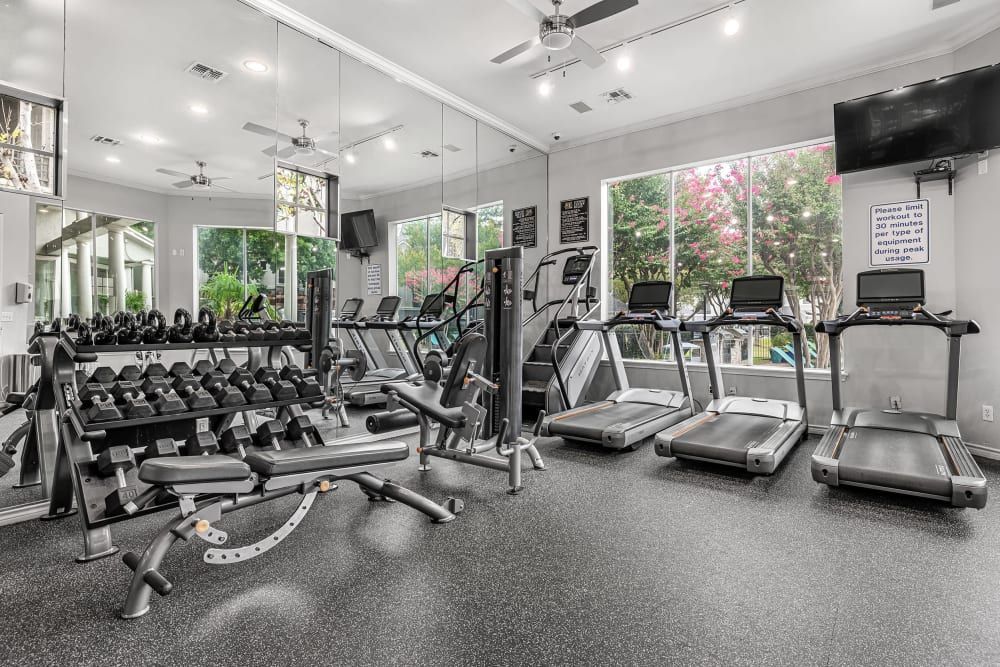 A fitness center with a lot of equipment and oversized windows at Marquis at Stonegate offers apartments for rent in Fort Worth, TX.