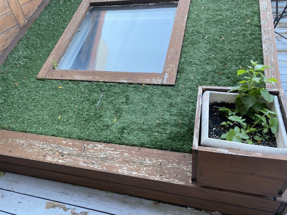 A green roof with a window and a potted plant.