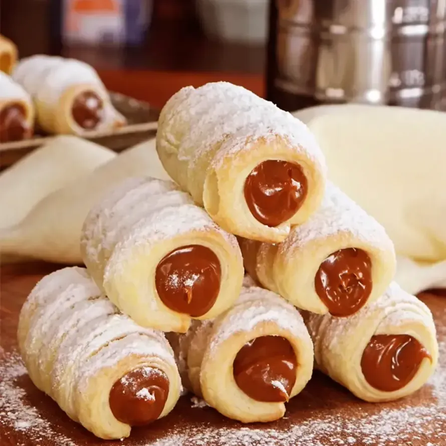 Pasteles rellenos de crema apilados y espolvoreados con azúcar glas en un plato.