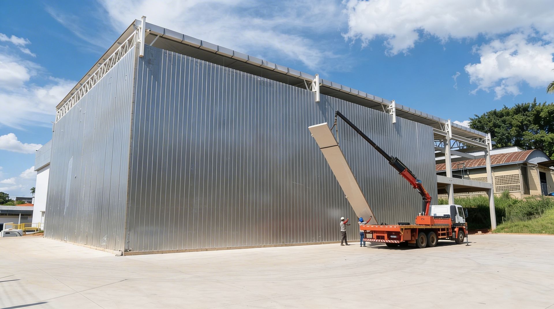 Grande galpão de metal ondulado com um painel inclinado, uma empilhadeira vermelha e trabalhadores em um pátio industrial ensolarado.
