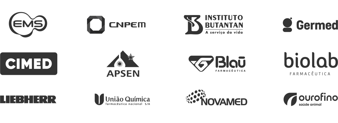 Fundo branco com uma grade de logotipos e nomes de empresas em preto e cinza.
