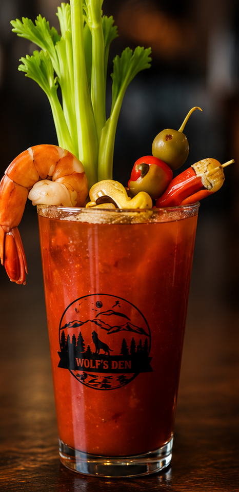 Bloody Mary cocktail topped with celery, shrimp, olives, lemon, and a pickle in a branded glass