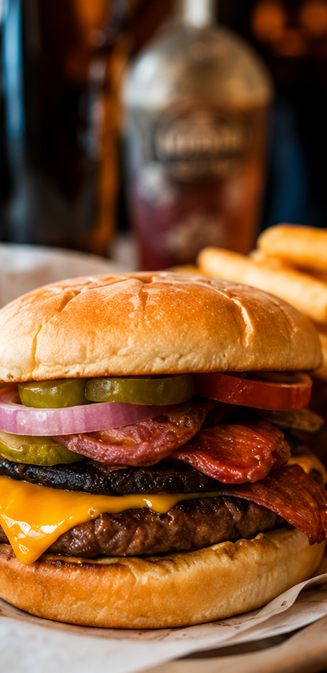Close-up of a stacked cheeseburger with bacon, pickles, and onions on a bun