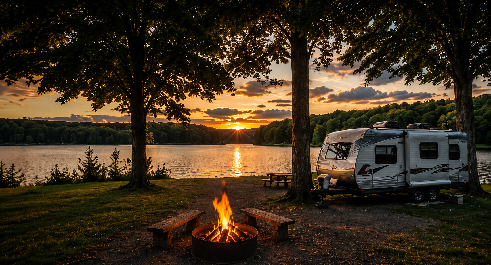 Sunset over a lakeside campsite with a campfire, trees, and a parked RV beside the water