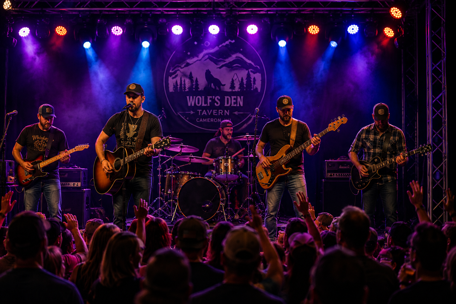 Rock band performing onstage under purple lights, with crowd silhouettes in front and a “WOLF’S DEN” banner behind.