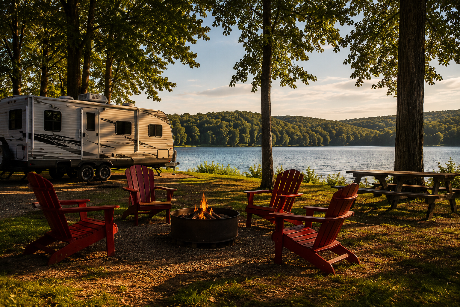 Campfire and red chairs by a lakeside campground beside an RV at sunset