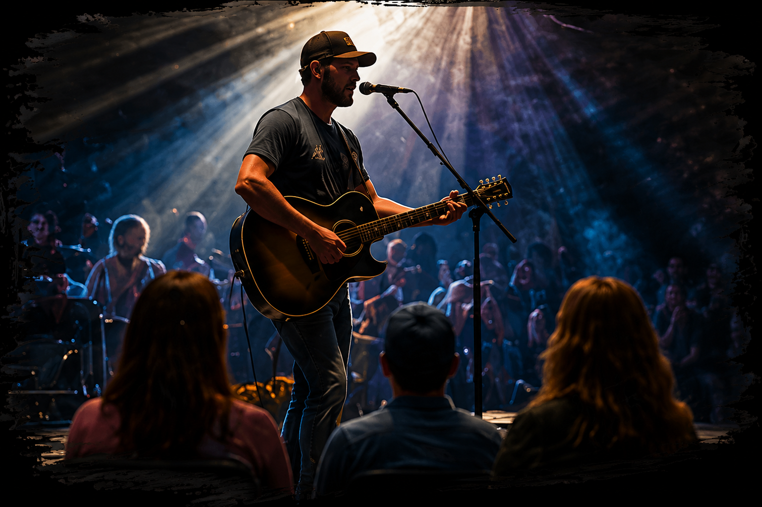 Singer-guitarist performs on a lit stage before a crowd, with blue and warm spotlight beams overhead