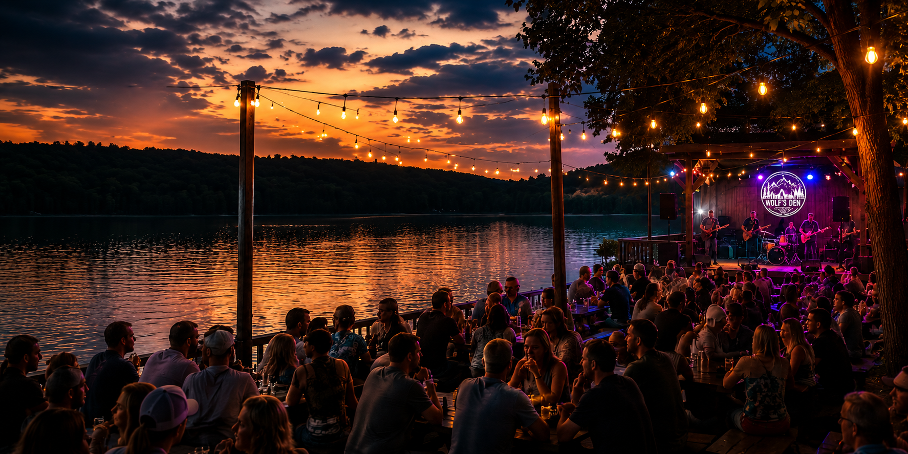 Crowd watches a sunset concert by the river, with colorful stage lights and city lights reflecting on the water