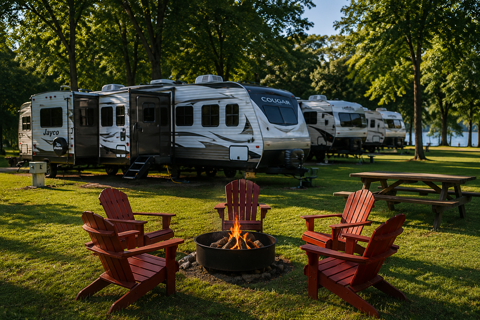 RV campground with a fire pit and red Adirondack chairs under trees