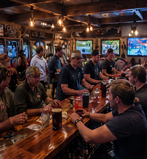 People chatting and drinking at a busy wood-paneled bar with TVs showing a sports game