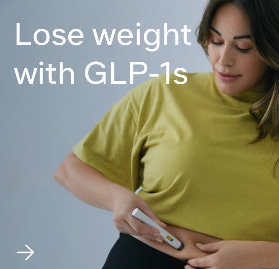 A woman in a yellow shirt is holding a pen to her stomach with the words lose weight with glp-1s below her