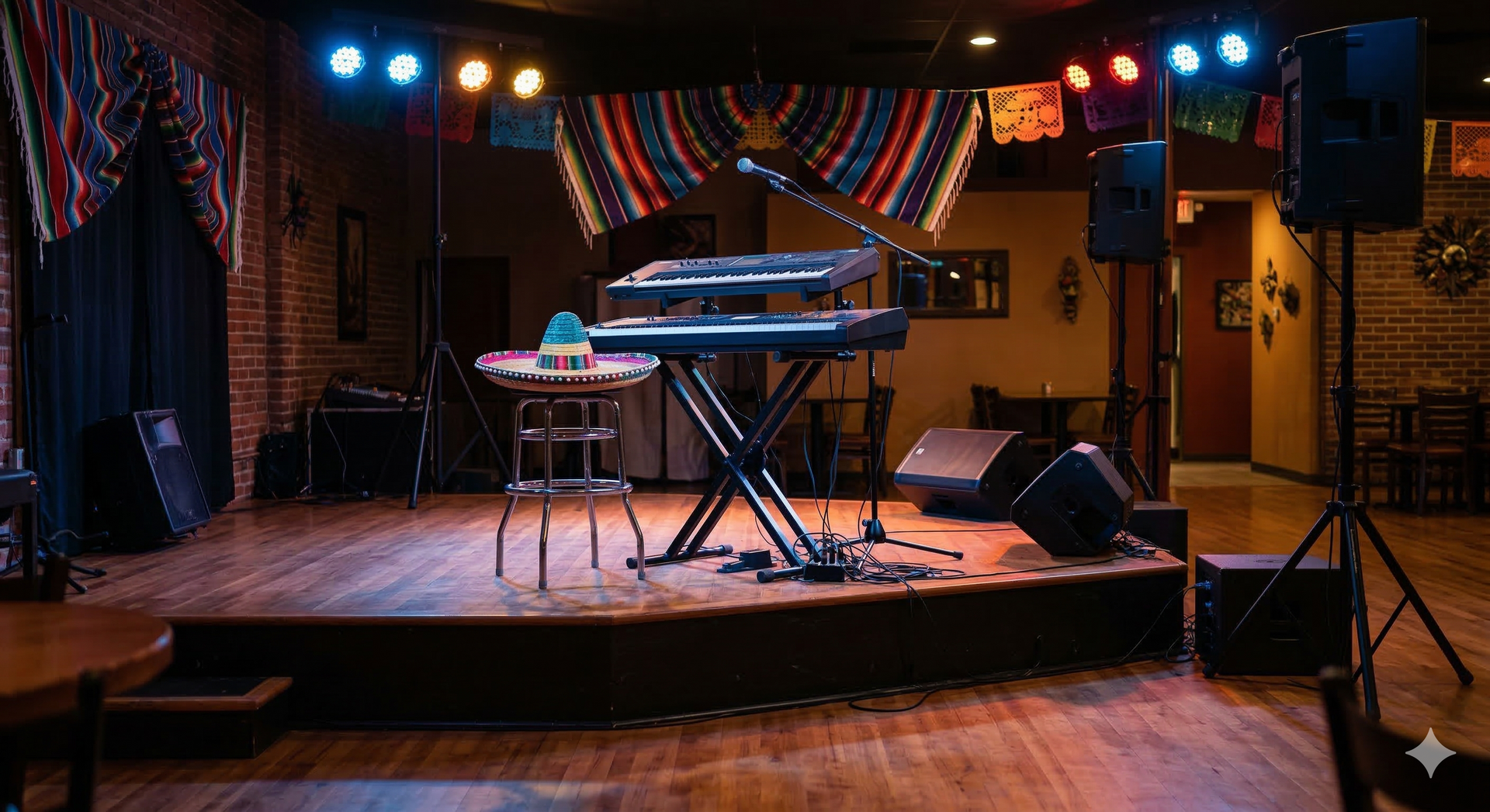 An empty wooden stage in a dimly lit room with a keyboard on a stand, a stool, and stage lights overhead.