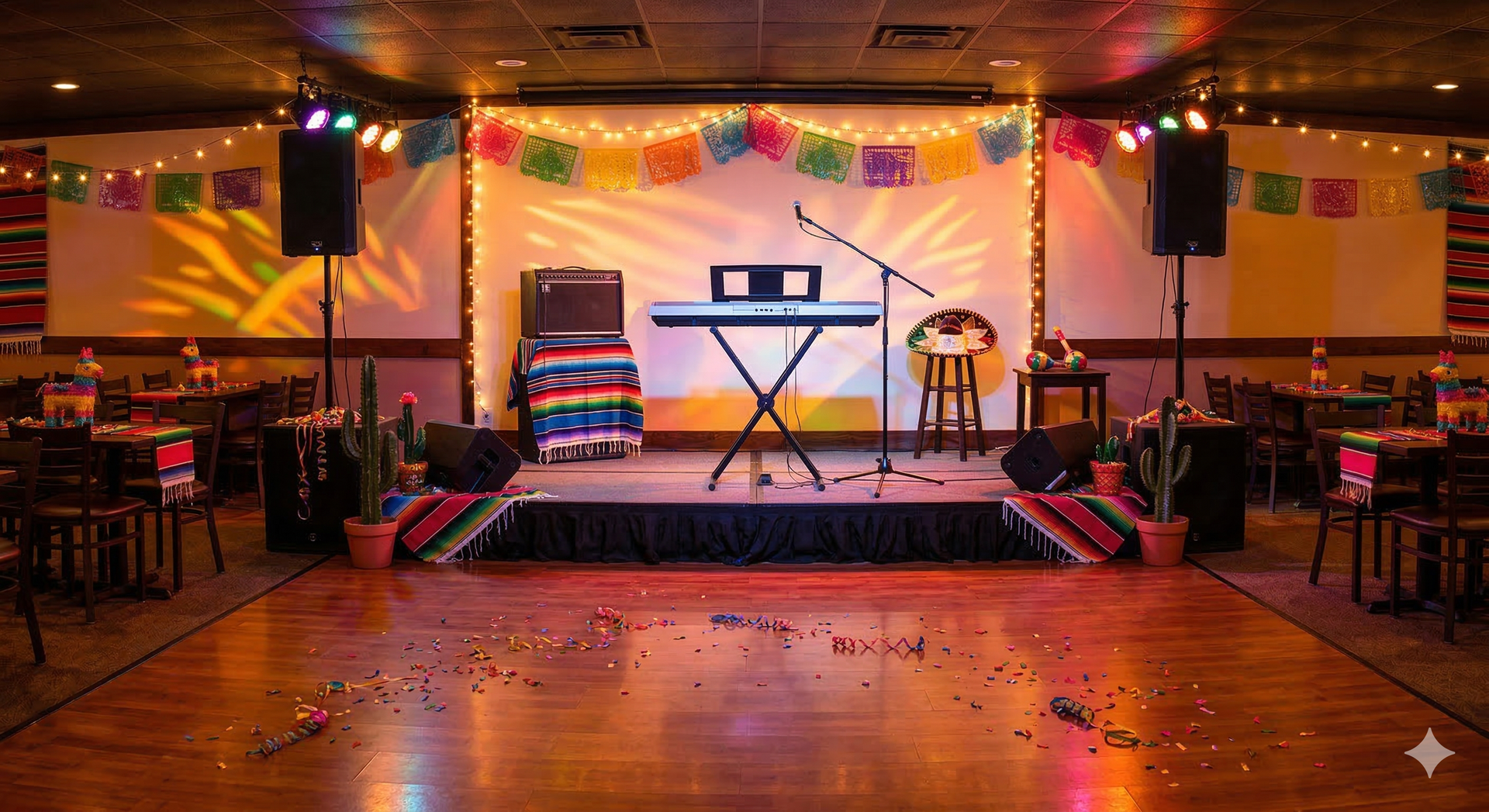 A wooden dance floor facing a small stage with a keyboard, microphone, speakers, and festive decorations in a venue.