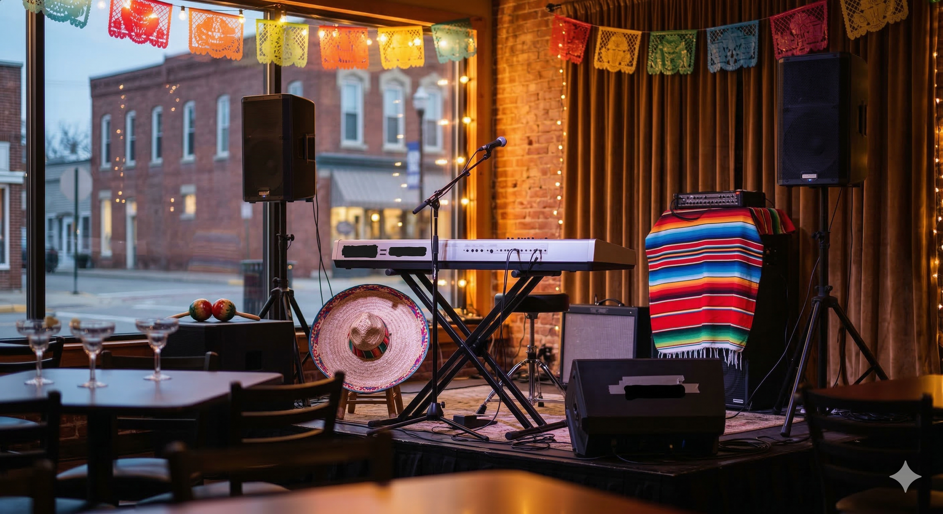 A small stage in a restaurant set up for live music, featuring a keyboard, sound equipment, and a festive Mexican blanket.
