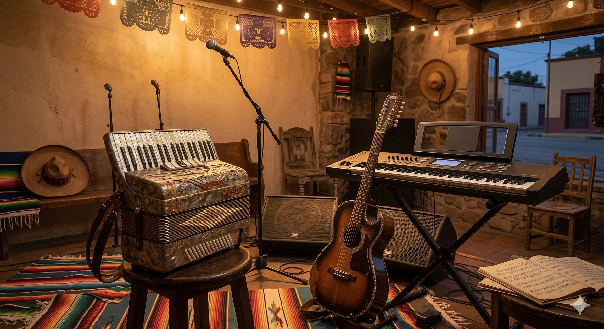 Musical instruments, including an accordion, guitar, and keyboard, sit on a rug in a rustic room with string lights.