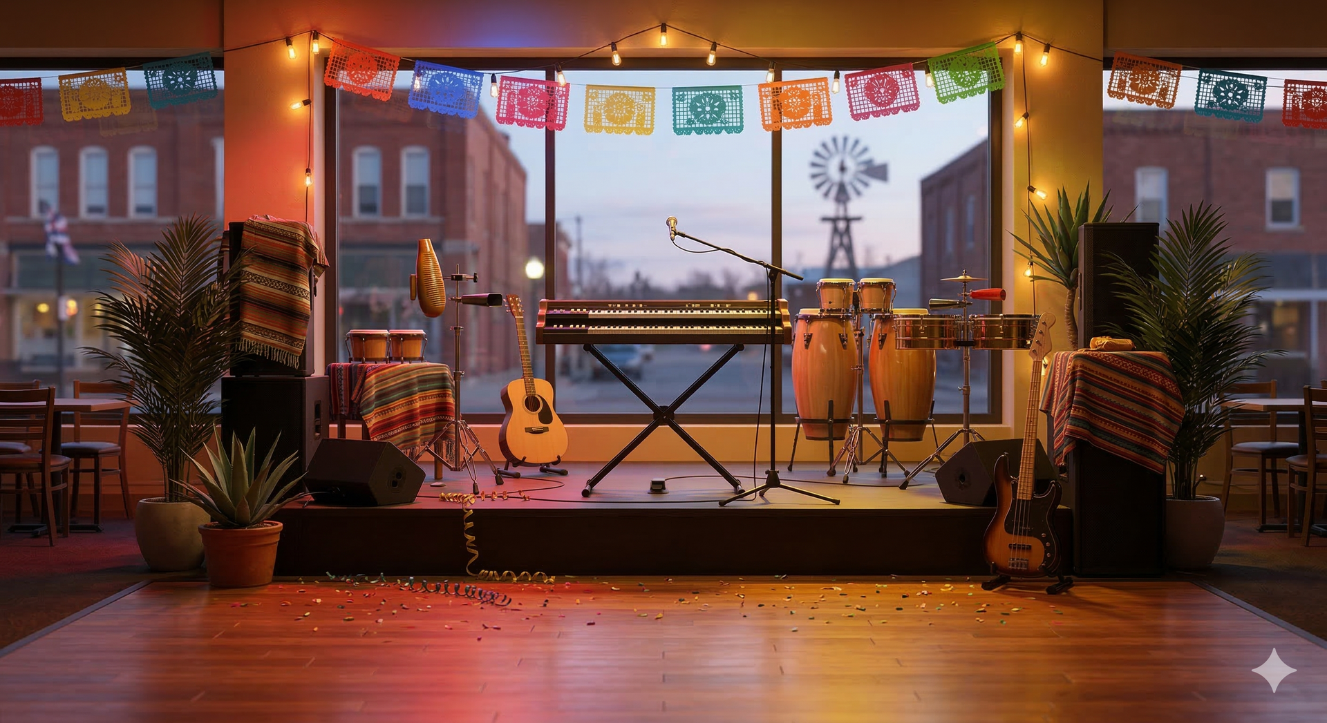 An empty stage in a room with colorful banners, featuring a keyboard, acoustic guitar, and conga drums by a large window.