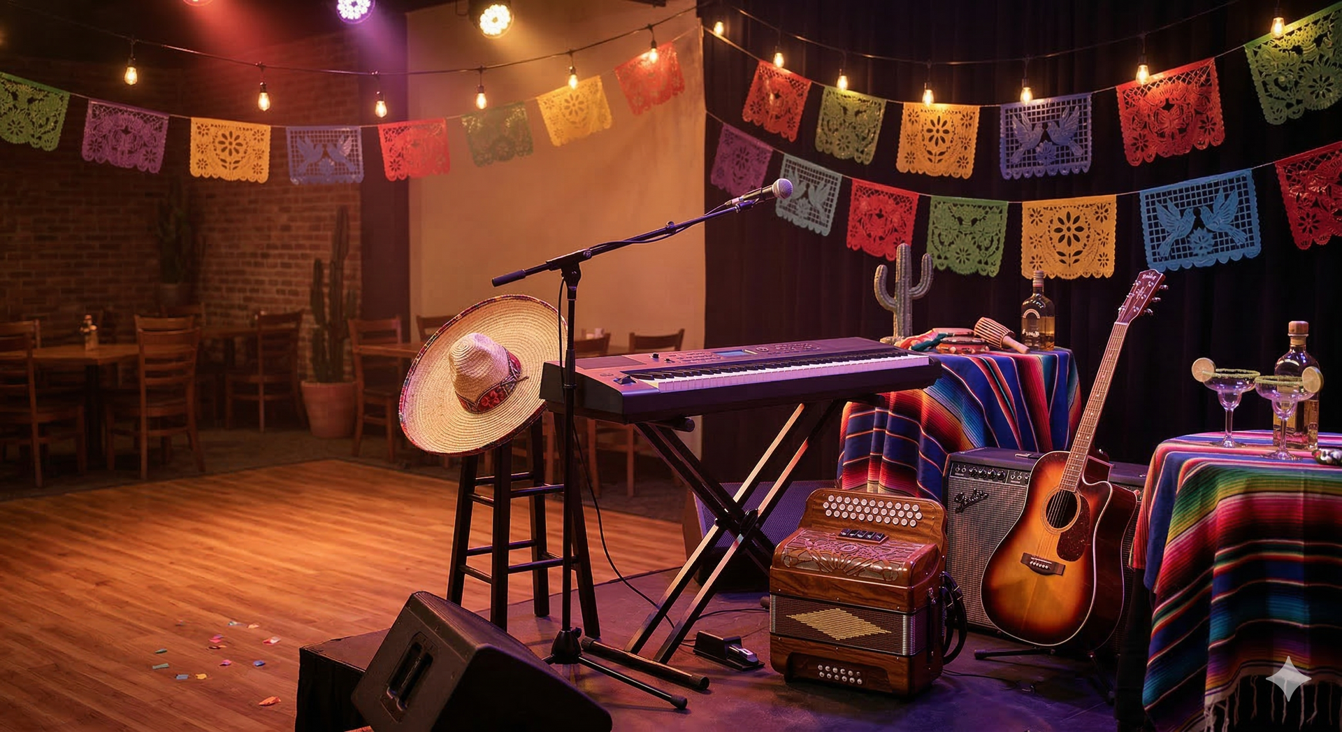 A stage set for a Mexican-themed musical performance featuring a keyboard, guitar, accordion, and colorful decor.