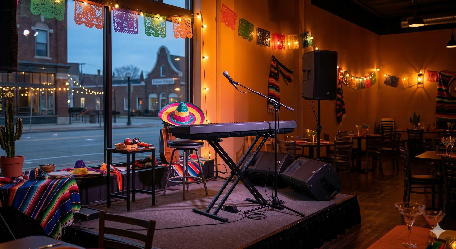 A keyboard and microphone stand on a small stage inside a room decorated with festive banners and string lights.