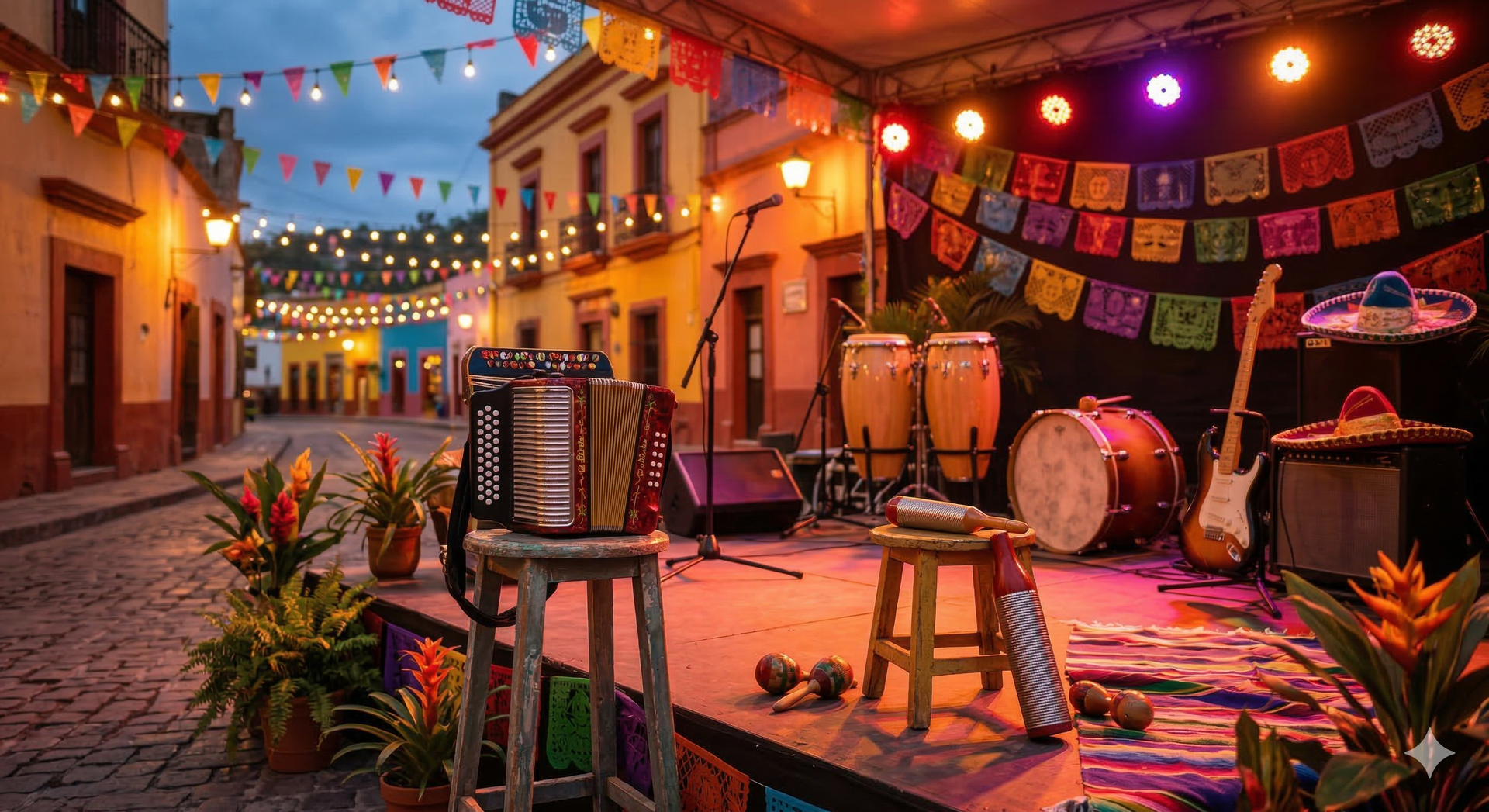 A Mexican-style street festival stage set up at dusk, featuring an accordion, congas, guitar, and colorful papel picado.