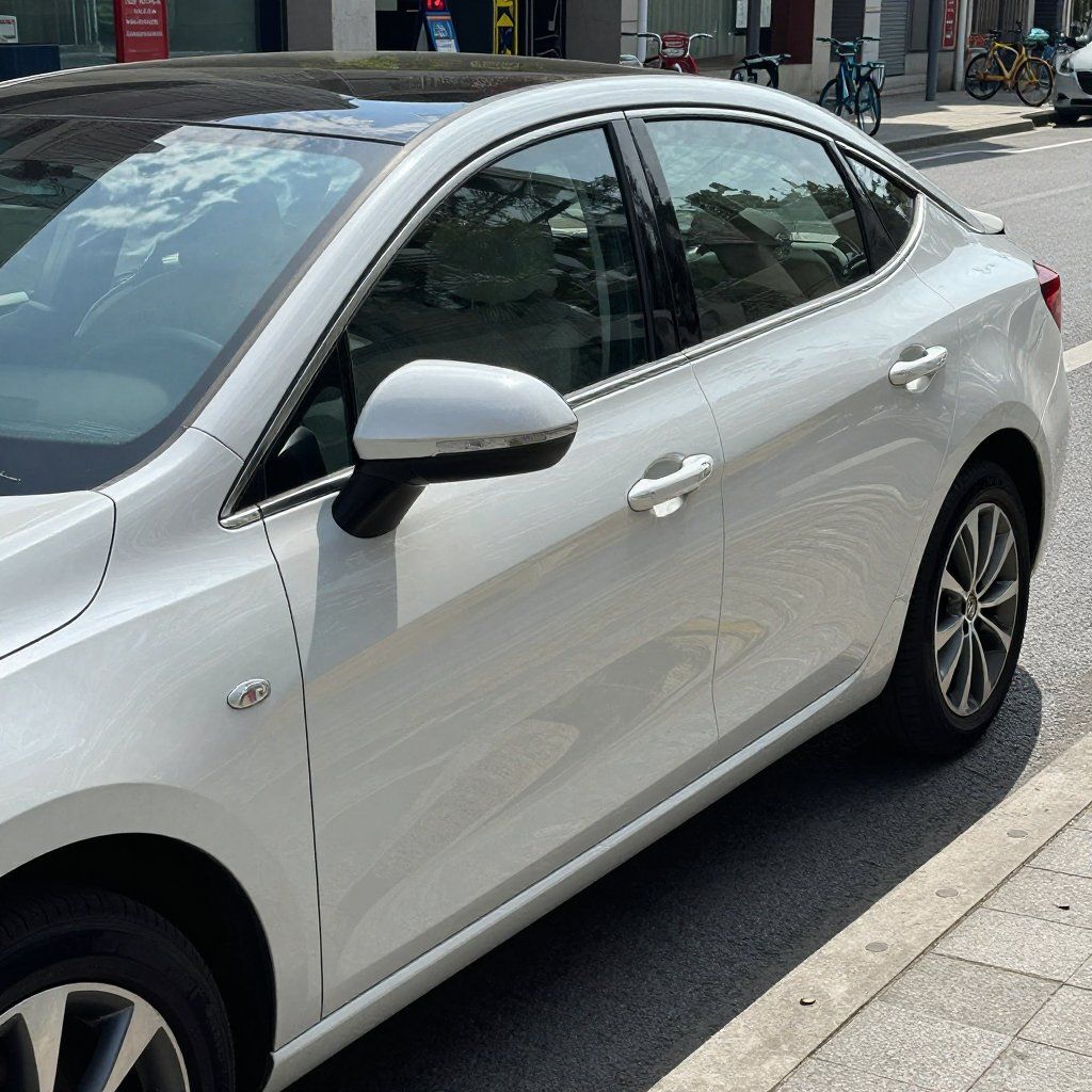Eine weiße Limousine parkte auf einer Straße neben einem Gehweg.
