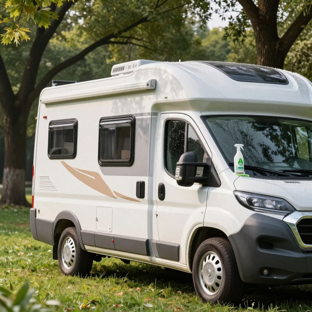 Ein weißer Wohnwagen steht auf einer Rasenfläche; auf der Windschutzscheibe befinden sich Reinigungsmittel.