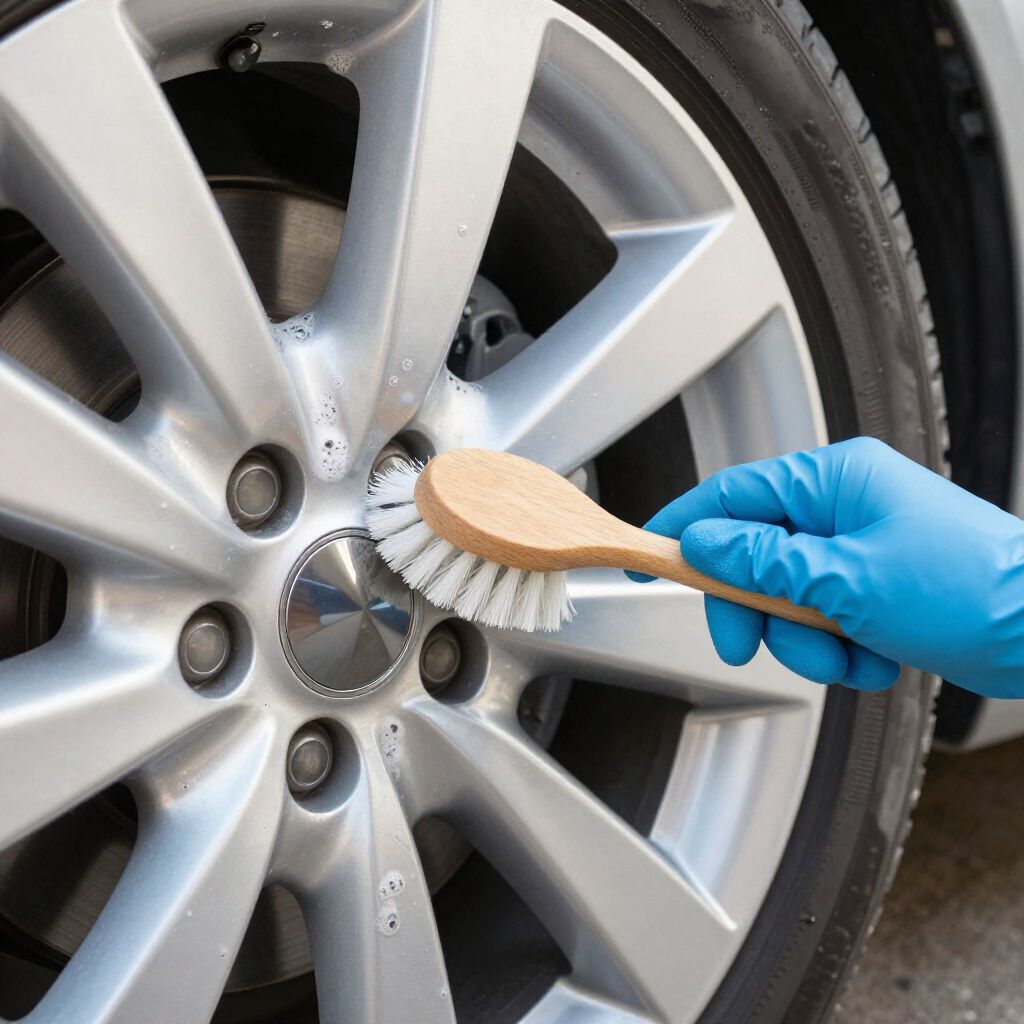 Eine Hand in einem blauen Handschuh schrubbt mit einer Bürste ein Autorad.