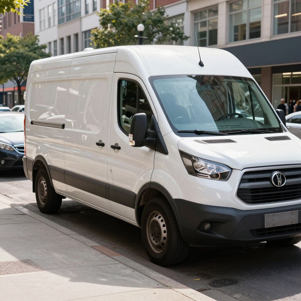 Ein weißer Lieferwagen parkt auf einer Straße in der Stadt.